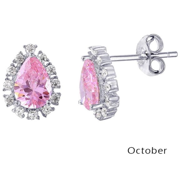 Sterling Silver 925 Rhodium Plated Teardrop Halo CZ Birthstone Earrings October